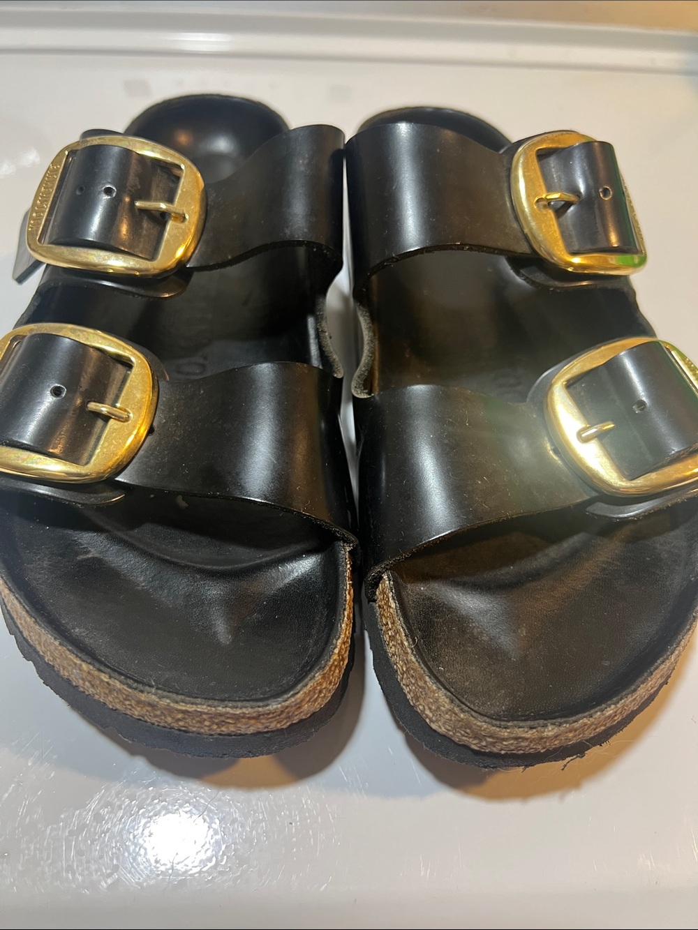 Birkenstock Black Leather Double-Buckle Slides with Gold Big Buckles 38 EU 7-7.5 - Picture 6 of 8